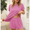 image:imageEkouaer Womens Pajamas 2 Piece Ribbed Knit Pjs Short Sleeve Lounge SetsPink