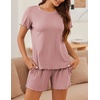 image:imageEkouaer Womens Pajamas 2 Piece Ribbed Knit Pjs Short Sleeve Lounge SetsRose Red