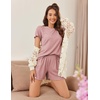 image:imageEkouaer Womens Pajamas 2 Piece Ribbed Knit Pjs Short Sleeve Lounge SetsRose Red