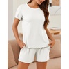 image:imageEkouaer Womens Pajamas 2 Piece Ribbed Knit Pjs Short Sleeve Lounge SetsWhite
