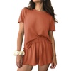 image:imageEkouaer Womens Pajamas 2 Piece Ribbed Knit Pjs Short Sleeve Lounge SetsBrick Red