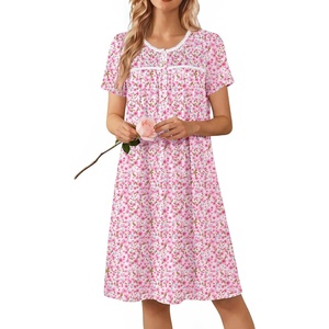 image:imageEkouaer Nightgowns for Women Smocked Night Gown Short Sleeve SleepshirtsFloral Pink