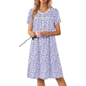 image:imageEkouaer Nightgowns for Women Smocked Night Gown Short Sleeve SleepshirtsFloral Purple