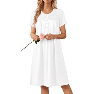 image:imageEkouaer Nightgowns for Women Smocked Night Gown Short Sleeve SleepshirtsWhite