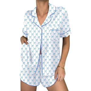 image:imageEkouaer Women Satin Pajama Sets Cute Print Silk Pjs Shorts Sets S4XLBlue Bow