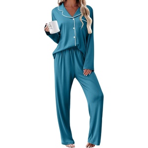 image:imageEkouaer Womens Pajama Sets 2 Piece Long Sleeve Sleepwear Soft Button Up PjsBlue Green