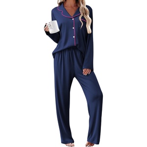 image:imageEkouaer Womens Pajama Sets 2 Piece Long Sleeve Sleepwear Soft Button Up PjsNavy Blue