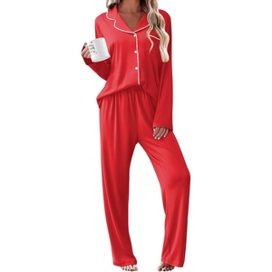image:imageEkouaer Womens Pajama Sets 2 Piece Long Sleeve Sleepwear Soft Button Up PjsRed