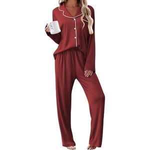 image:imageEkouaer Womens Pajama Sets 2 Piece Long Sleeve Sleepwear Soft Button Up PjsWine Red