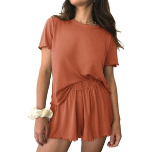 image:imageEkouaer Womens Pajamas 2 Piece Ribbed Knit Pjs Short Sleeve Lounge SetsBrick Red