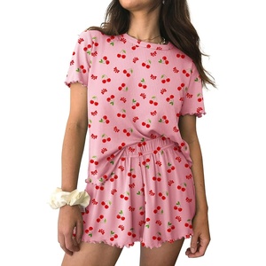 image:imageEkouaer Womens Pajamas 2 Piece Ribbed Knit Pjs Short Sleeve Lounge SetsCherry