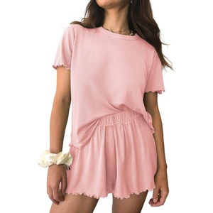 image:imageEkouaer Womens Pajamas 2 Piece Ribbed Knit Pjs Short Sleeve Lounge SetsLight Pink