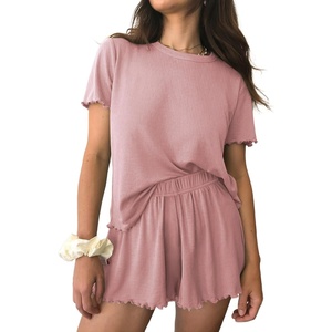 image:imageEkouaer Womens Pajamas 2 Piece Ribbed Knit Pjs Short Sleeve Lounge SetsRose Red