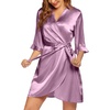 image:imageEkouaer Womens Satin Robe Kimono Bathrobe Short Ruffle Sleeve Silk RobesPurple Red