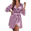 image:imageEkouaer Womens Satin Robe Kimono Bathrobe Short Ruffle Sleeve Silk RobesPurple Red