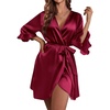 image:imageEkouaer Womens Satin Robe Kimono Bathrobe Short Ruffle Sleeve Silk RobesWine Red1