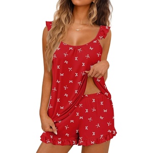 image:imageEkouaer Pajama for Women Set 2 Piece Ruffle Cami Top and Shorts PjsRed Bow