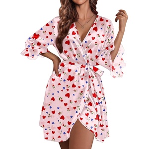 image:imageEkouaer Womens Satin Robe Kimono Bathrobe Short Ruffle Sleeve Silk RobesLove Rose