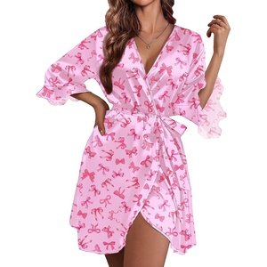 image:imageEkouaer Womens Satin Robe Kimono Bathrobe Short Ruffle Sleeve Silk RobesPink Bow