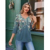 image:imageEkouaer 34 Length Sleeve Womens Tops V Neck Blouses Casual Pleated ShirtsGrey Green Floral