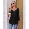 image:imageEkouaer 34 Length Sleeve Womens Tops V Neck Blouses Pleated Casual ShirtsBlack