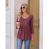 image:imageEkouaer 34 Length Sleeve Womens Tops V Neck Blouses Pleated Casual ShirtsWine Red