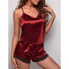 image:imageEkouaer Lingerie for Women Sexy Satin Silk Pajama Sets Lace Cami Short PjWine Red