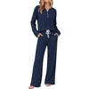 image:imageEkouaer Womens 2 Piece Lounge Set Long Sleeve Knit Ribbed Pajama SetsNavy Blue