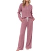 image:imageEkouaer Womens 2 Piece Lounge Set Long Sleeve Knit Ribbed Pajama SetsPurple Red