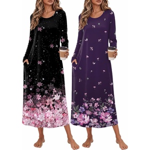 image:imageEkouaer 2 Pack Long Nightgowns for Women Long Sleeve Nightgown with PocketBlack Pink Flowerpurple Flower