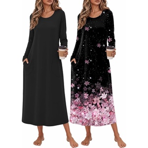 image:imageEkouaer 2 Pack Long Nightgowns for Women Long Sleeve Nightgown with PocketBlackblack Pink Flower