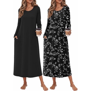 image:imageEkouaer 2 Pack Long Nightgowns for Women Long Sleeve Nightgown with PocketBlackblack White Flower