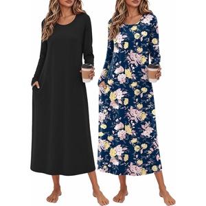 image:imageEkouaer 2 Pack Long Nightgowns for Women Long Sleeve Nightgown with PocketBlackblue Pink Flower