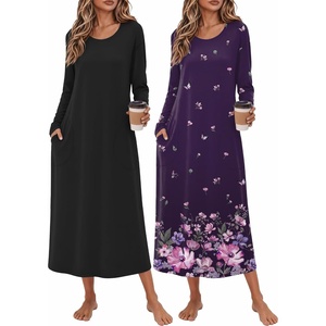 image:imageEkouaer 2 Pack Long Nightgowns for Women Long Sleeve Nightgown with PocketBlackpurple Flower