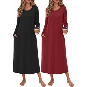 image:imageEkouaer 2 Pack Long Nightgowns for Women Long Sleeve Nightgown with PocketBlackwine Red