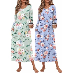 image:imageEkouaer 2 Pack Long Nightgowns for Women Long Sleeve Nightgown with PocketGreen Flowerblue Flower