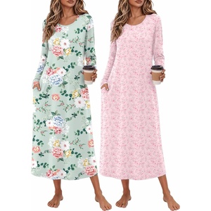 image:imageEkouaer 2 Pack Long Nightgowns for Women Long Sleeve Nightgown with PocketGreen Flowerpink Flower