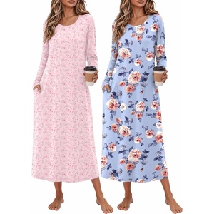 image:imageEkouaer 2 Pack Long Nightgowns for Women Long Sleeve Nightgown with PocketPink Flowerblue Flower