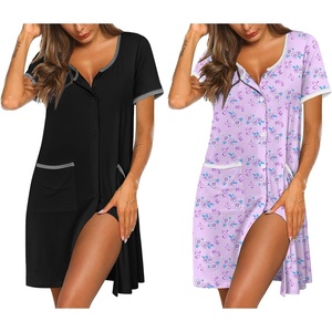 image:imageEkouaer 2 Pack Nightgowns for Women Button Down Houese Dress with PocketsBlackPurple Floral