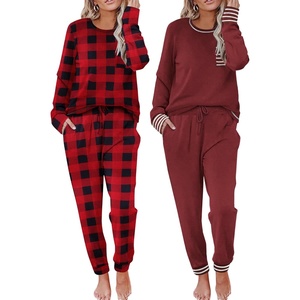 image:imageEkouaer 2 Pack Womens Pajama Sets Long Sleeve Lounge Sets Soft Pj Loungewear SleepwearWine RedRedblack Plaid