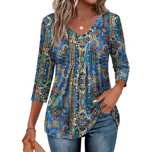 image:imageEkouaer 34 Length Sleeve Womens Tops V Neck Blouses Casual Pleated ShirtsBlue Boho