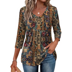 image:imageEkouaer 34 Length Sleeve Womens Tops V Neck Blouses Casual Pleated ShirtsMulticolor Boho