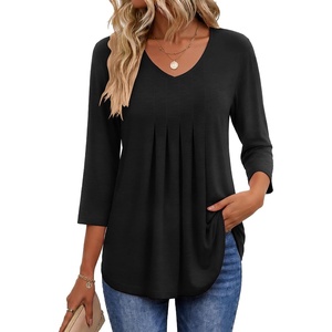 image:imageEkouaer 34 Length Sleeve Womens Tops V Neck Blouses Pleated Casual ShirtsBlack