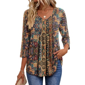 image:imageEkouaer 34 Length Sleeve Womens Tops V Neck Blouses Pleated Casual ShirtsBoho Mz721