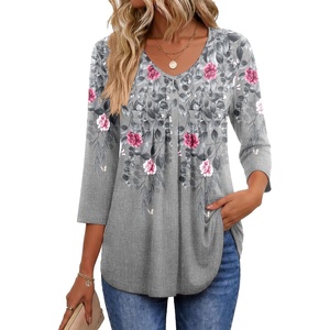 image:imageEkouaer 34 Length Sleeve Womens Tops V Neck Blouses Pleated Casual ShirtsGrey Floral