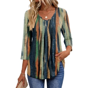 image:imageEkouaer 34 Length Sleeve Womens Tops V Neck Blouses Pleated Casual ShirtsMulti Striped
