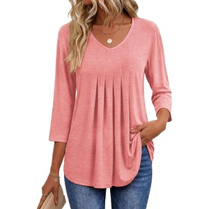 image:imageEkouaer 34 Length Sleeve Womens Tops V Neck Blouses Pleated Casual ShirtsPink
