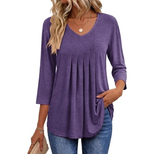 image:imageEkouaer 34 Length Sleeve Womens Tops V Neck Blouses Pleated Casual ShirtsPurple