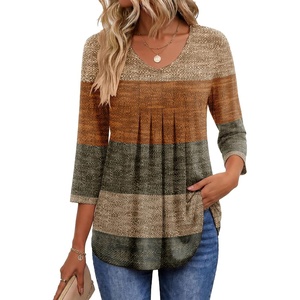 image:imageEkouaer 34 Length Sleeve Womens Tops V Neck Blouses Pleated Casual ShirtsStripe Brown