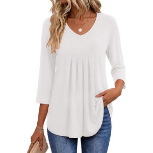 image:imageEkouaer 34 Length Sleeve Womens Tops V Neck Blouses Pleated Casual ShirtsWhite